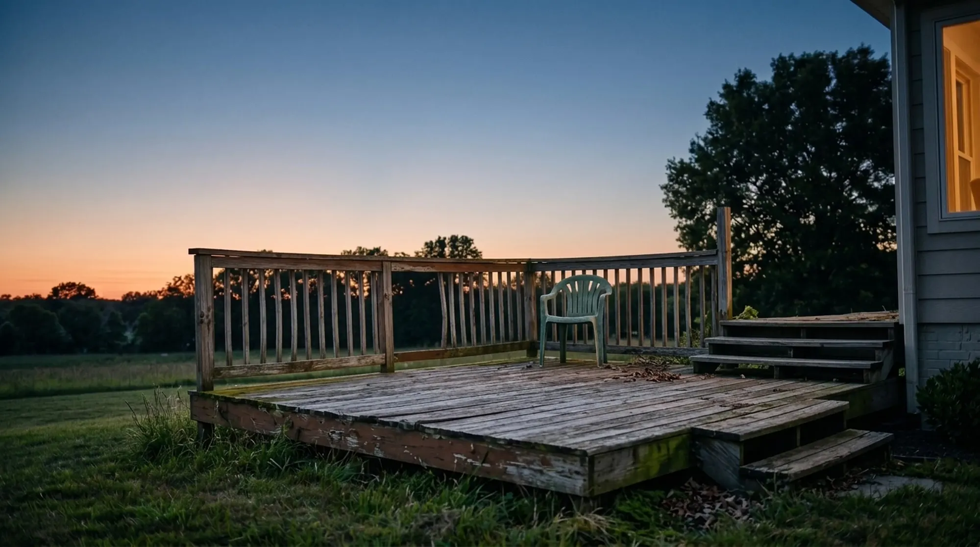 Before: an old, weathered gray deck with peeling stain and a broken railing in the same yard.