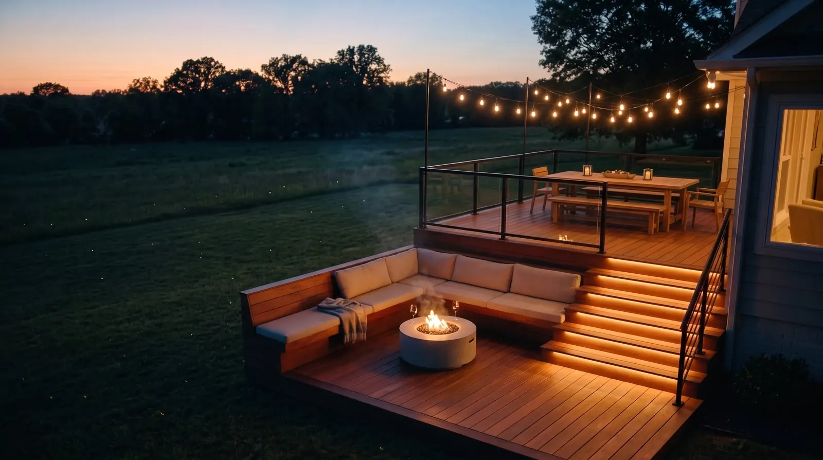 A two-level ipe deck seen from above at dusk, with glowing steps, a fire table and string lights.