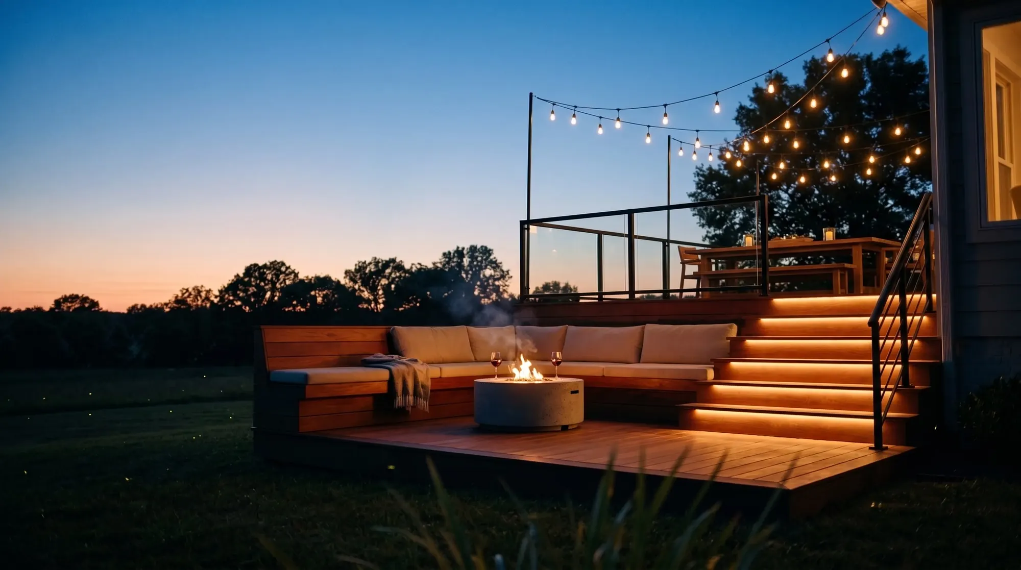 After: the new two-level ipe deck at dusk, with a fire table and glowing steps.