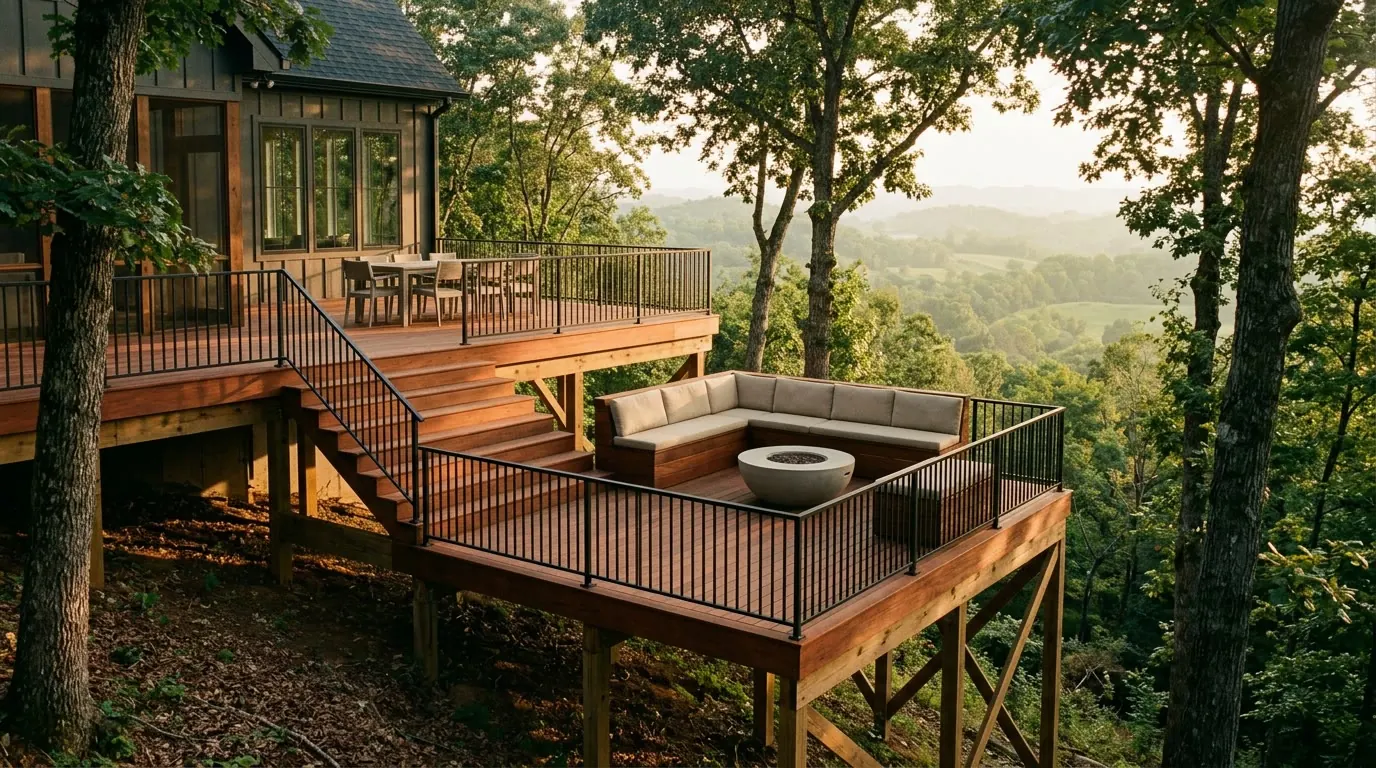 A two-level ipe deck on posts over a wooded hillside at golden hour, looking out over rolling hills.