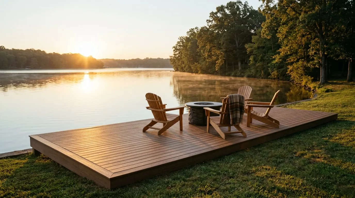 A low composite deck at the edge of a lake at sunset, with Adirondack chairs around a fire table.