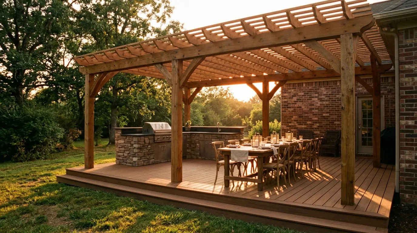 A cedar pergola over an outdoor kitchen and a long table set for twelve, in low evening sun.