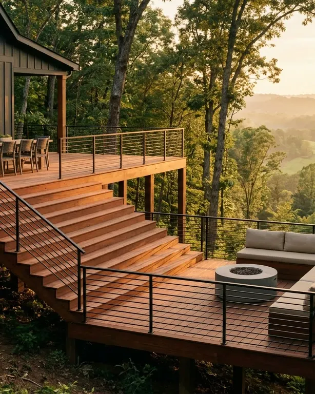 A raised hardwood deck with wide stairs among tall trees.