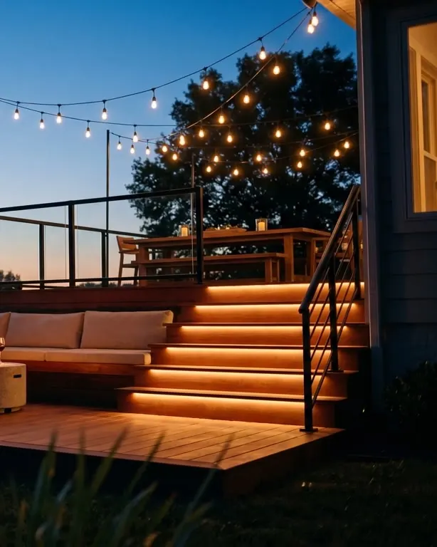 Glowing stair risers and a black handrail at dusk under string lights.