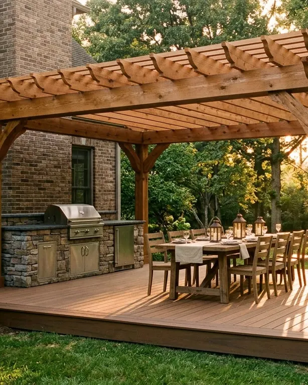 A cedar pergola over a stone outdoor kitchen and dining table.