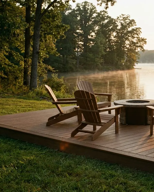 A new composite platform by a lake with Adirondack chairs.